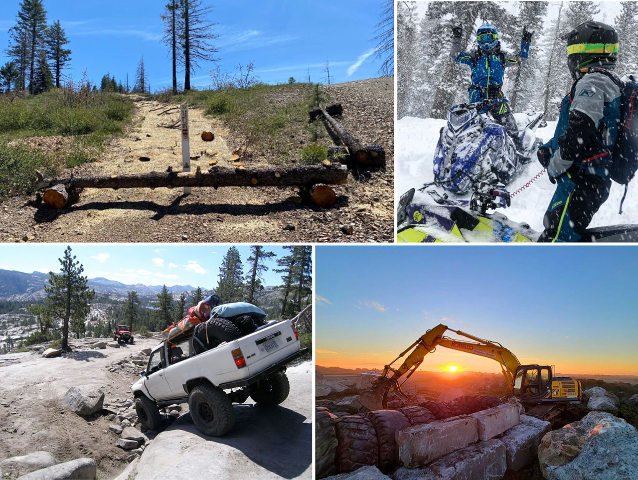 Top: BLM Redding Restoration project (left) and Sierra Avalanche Center Motorized Safety project (right). Bottom (right)): BLM Arcata Ground Operations project and El Dorado CAO Ground Operations project (left). Photos from grantees.